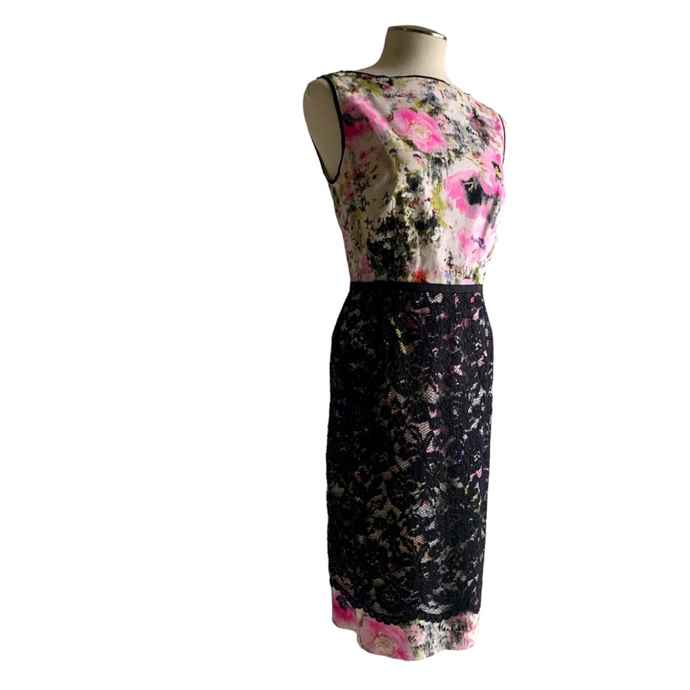 Maggie London Dress Floral print and black lace form fitting sleeveless dress, 8